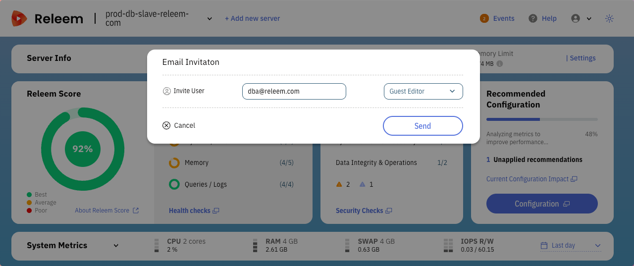 Dashboard Settings Invitation Popup
